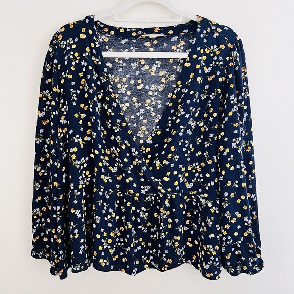 Loft Navy Blue & Yellow Floral Chiffon V Neck Flowy Blouse ~ Size Large - Picture 1 of 7